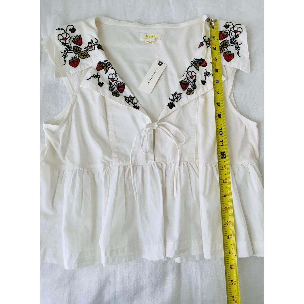 Maeve Anthropologie Strawberry Embroidered Fruit Babydoll Top White Ivory size M - Picture 7 of 16